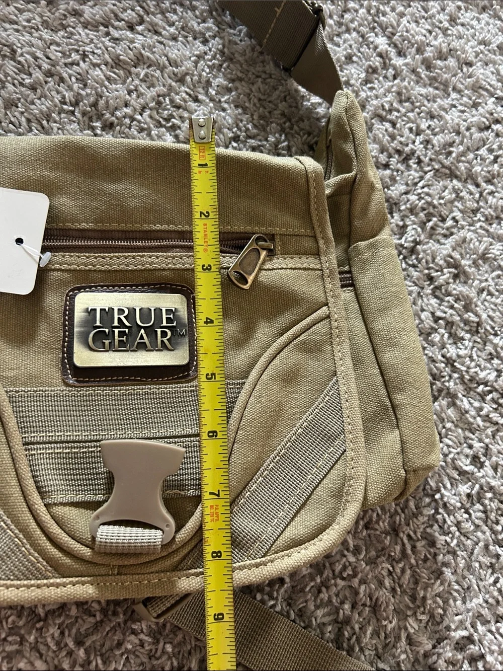 Tan/khaki  Messenger crossbody Bag with Adjustable Strap. Waterproof liner